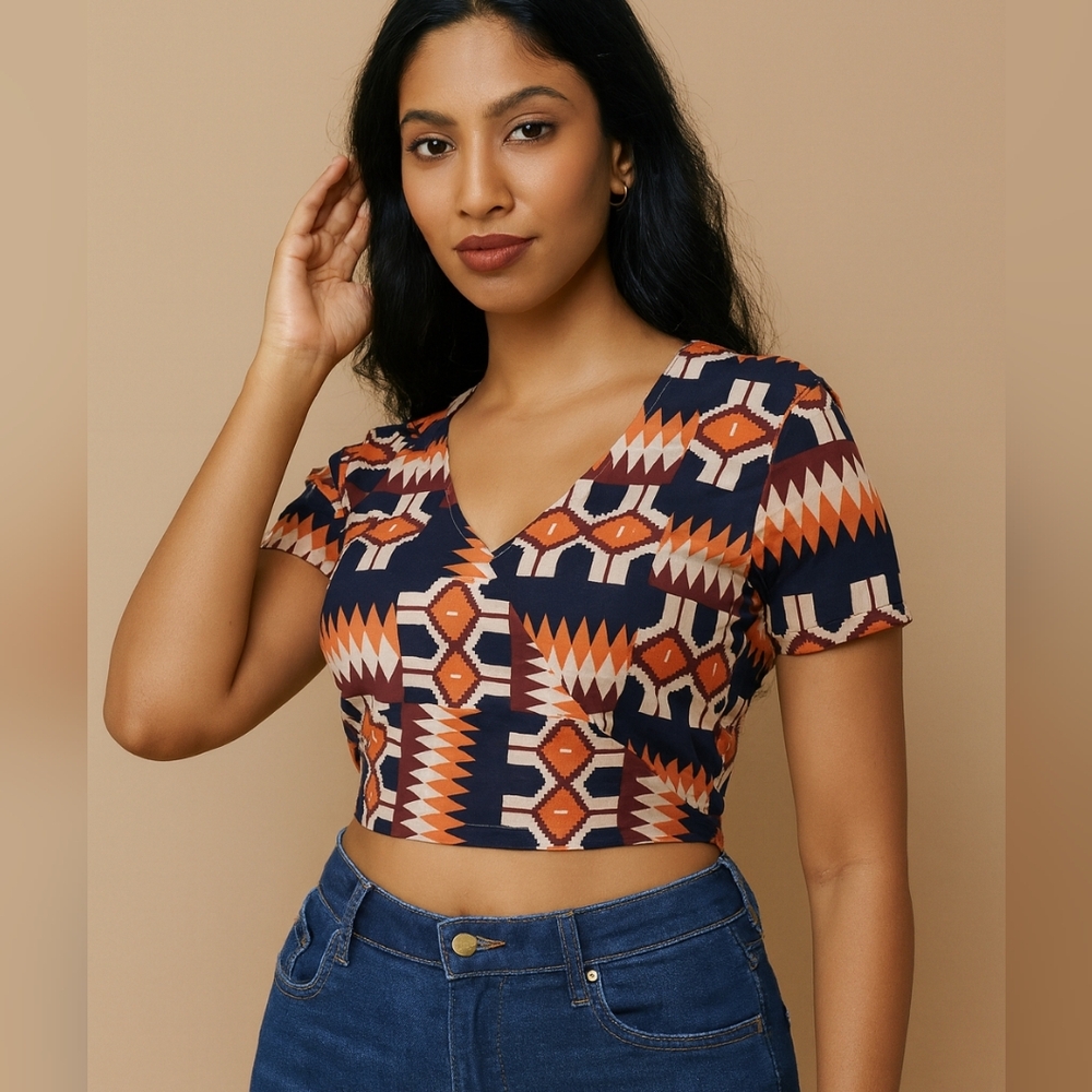 D'IYANU Bold Geometric Color Elegant Cropped Top. Full Zip Back Size XL